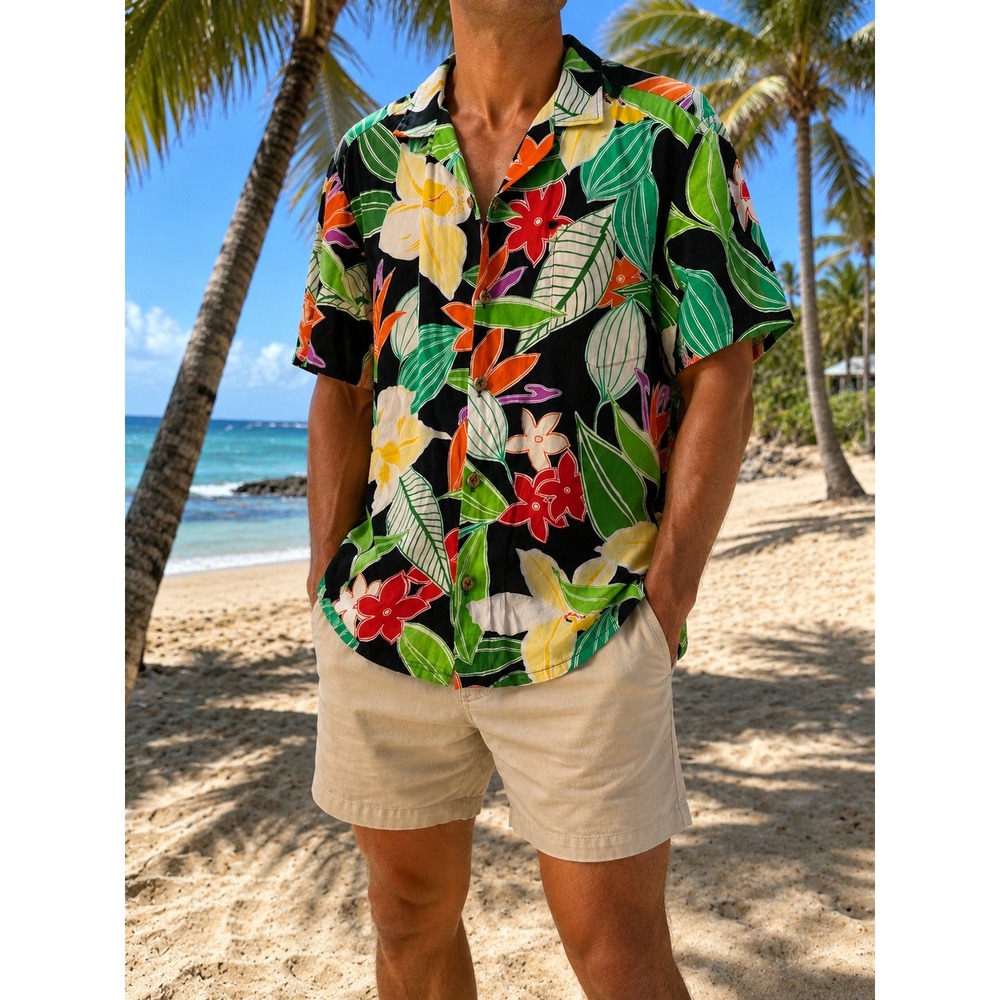Sundek Mens Hawaiian Shirt Tropical Floral Short Sleeve Button Down Black Large